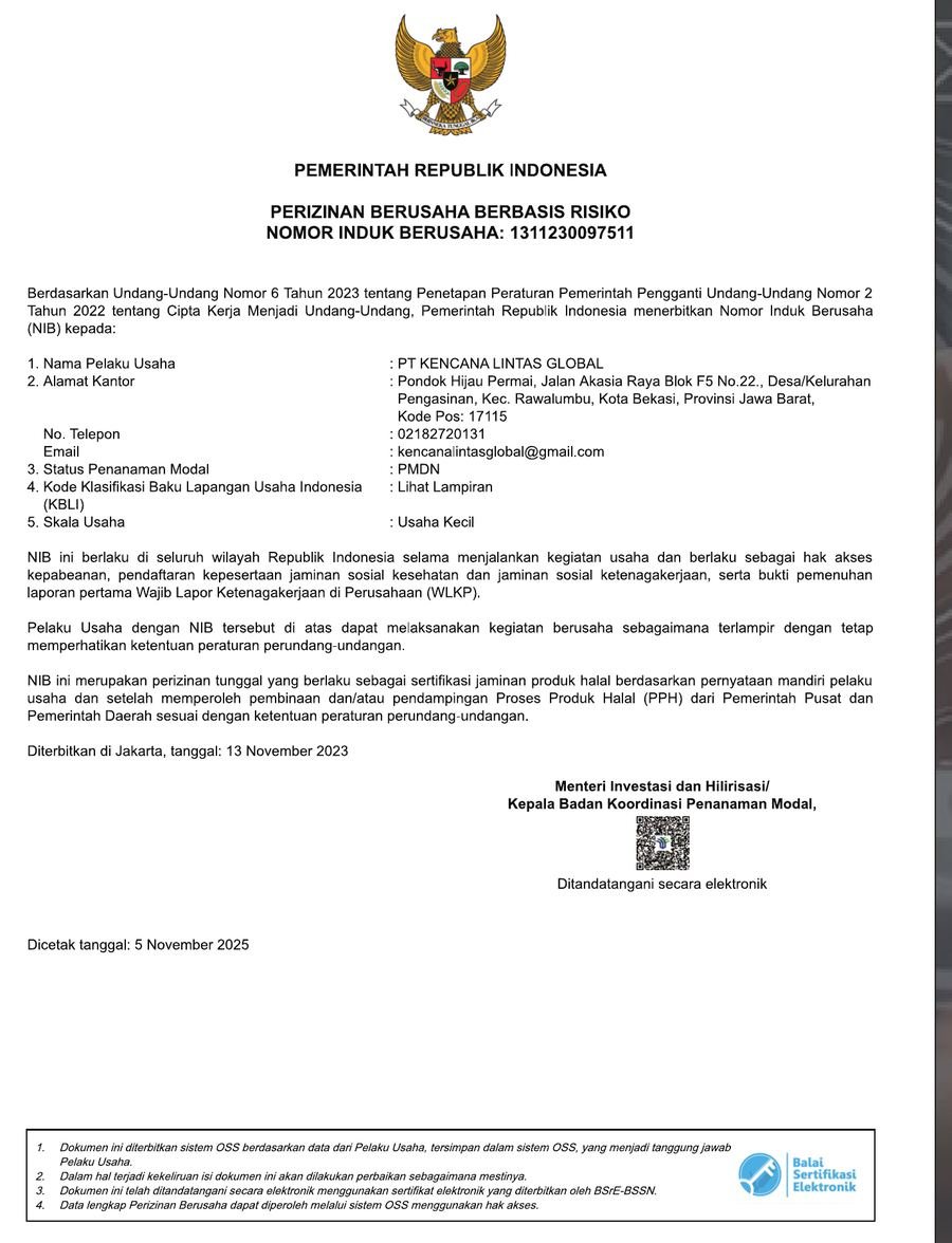 Dokumen Nomor Induk Berusaha (NIB) PT Kencana Lintas Global